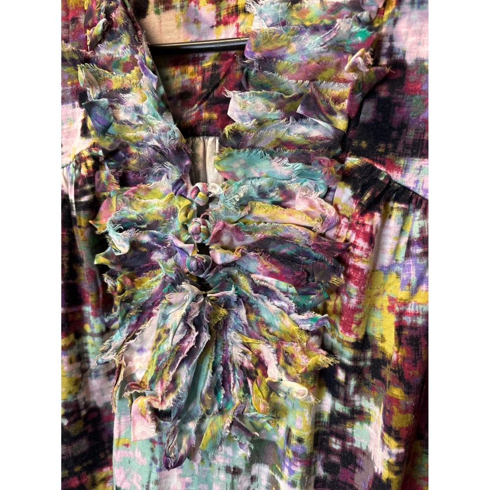 Sleeveless Ruffle Front Multi-Color Print Blouse - Picture 2 of 7